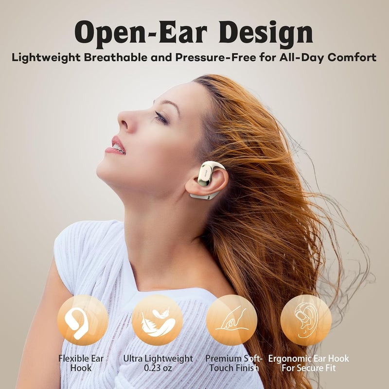 OHAYO Open Ear Headphones,Earbuds with Ergonomic Earhook,Bluetooth Headphones 5.4 with Smart Digital Display,40H Playtime,IPX6 Waterproof,Touch Control Earphones Fit Cycling,Running,Workout(Beige) - Image 3